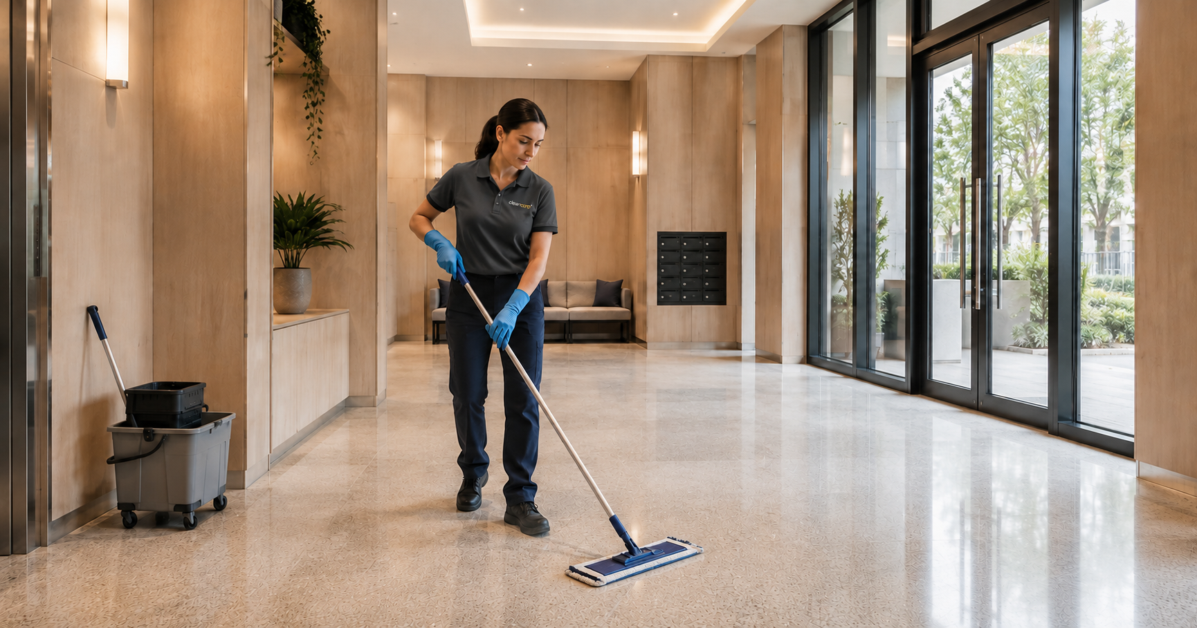 Professional cleaner mopping the polished floor of a modern apartment building lobby common area