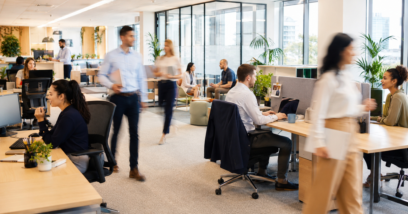 A busy modern open-plan office with staff working, illustrating daily versus weekly office cleaning