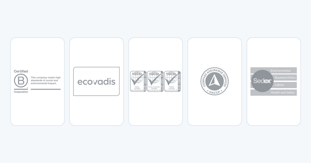Cleancorp's commercial cleaning certifications: B Corp, EcoVadis, ISO 9001, ISO 14001, ISO 45001 and SEDEX