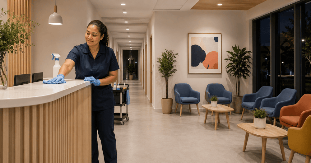 medical centre reception area being cleaned after hours