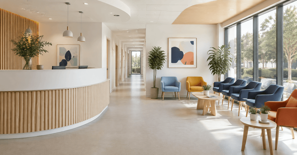 Bright, modern medical centre reception and waiting area