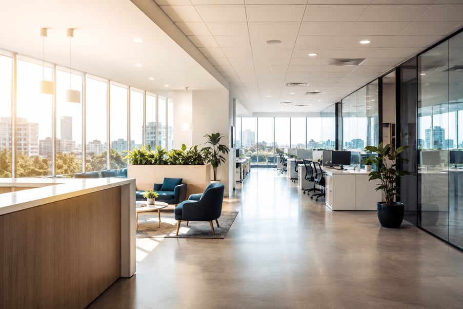 Bright, freshly cleaned modern open-plan office with polished floors and floor-to-ceiling windows after a commercial cleaning service